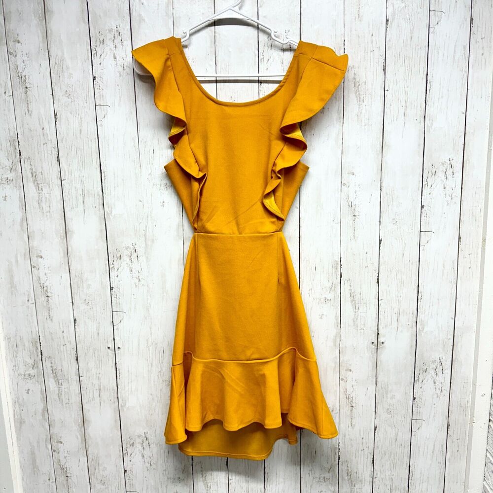 Hello Molly Dress Women Size‎ M Ruffled Mini Mustard Yellow Open Back Crossover